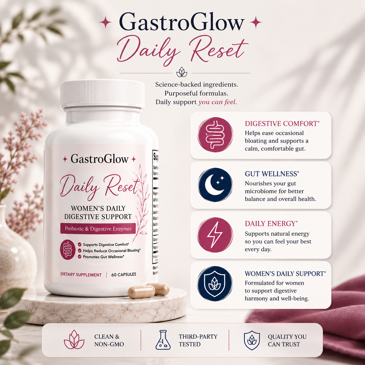 GastroGlow Daily Reset for Women Probiotic + Digestive Support