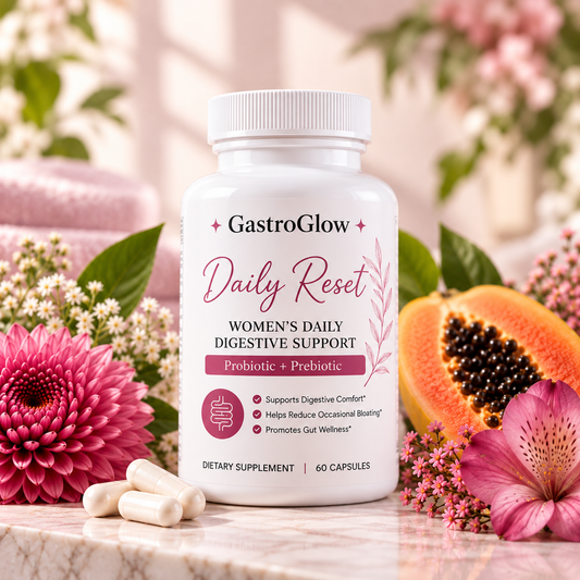 GastroGlow Daily Reset women's digestive support supplement with papaya and flowers
