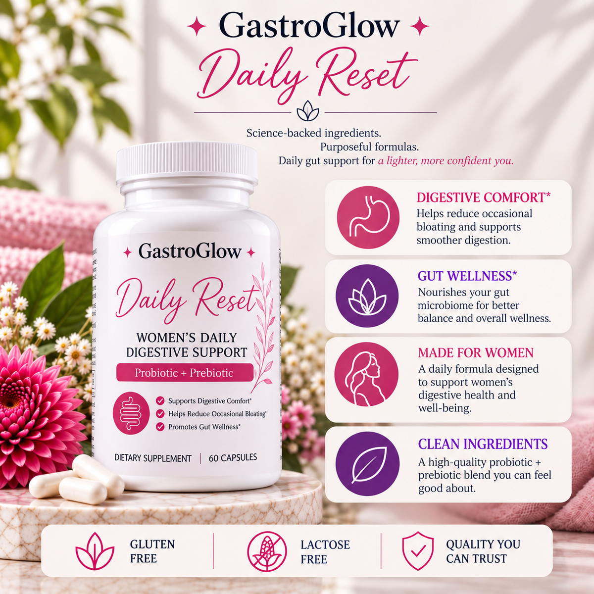 GastroGlow Daily Reset probiotic and prebiotic digestive support for women