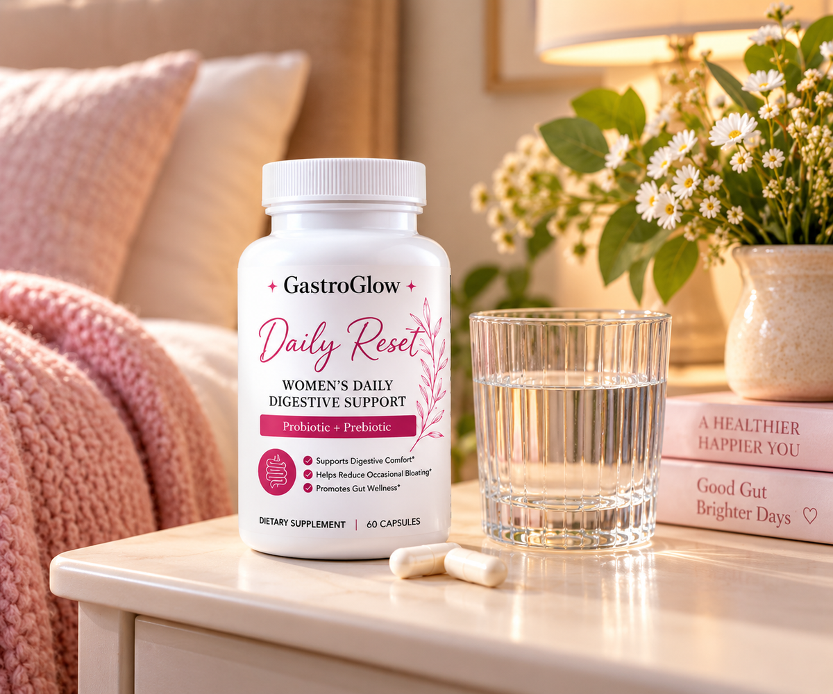 GastroGlow Daily Reset probiotic and prebiotic supplement beside a glass of water