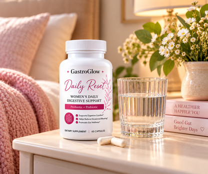GastroGlow Daily Reset probiotic and prebiotic supplement beside a glass of water